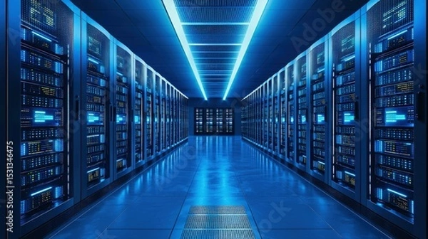 Fototapeta Spacious futuristic data center with glowing blue racks and reflective floors, ideal for cloud computing, cybersecurity infrastructure, or digital enterprise concepts