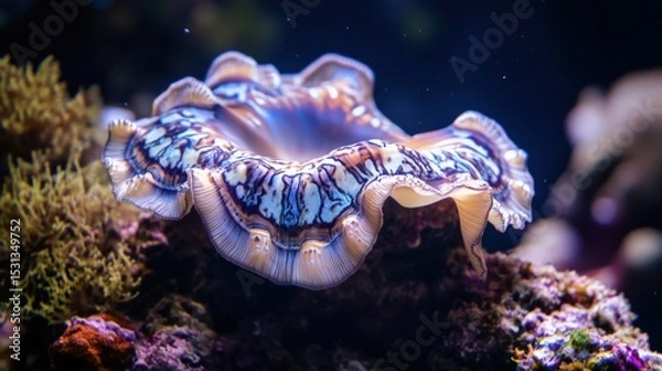 Fototapeta A close up view of a vibrant open shell underwater