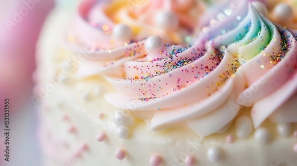 Fototapeta A colorful frosted cake decorated with sprinkles and pastel colors