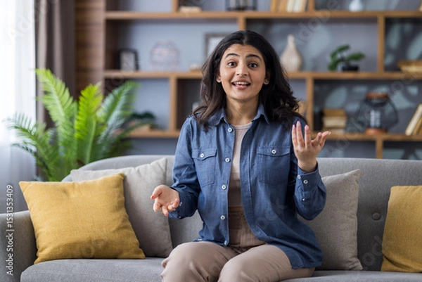 Fototapeta Young Indian girl in a denim shirt sitting on the couch at home and talking to the camera while gesturing with her hands