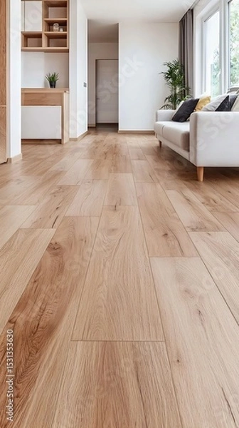 Obraz Minimalist Interior Design with Light Wooden Flooring and Natural Light Creating a Bright and Airy Ambience.