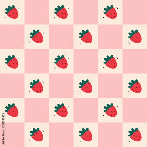 Fototapeta cute drawing cartoon strawberry seamless pattern in patchwork style. cute cartoon hand drawn illustration