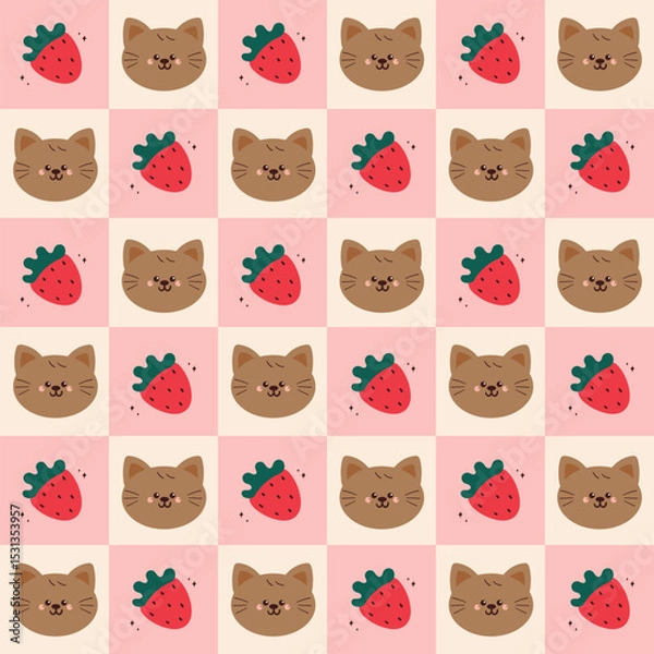 Fototapeta cute drawing cartoon cat and strawberry seamless pattern in patchwork style