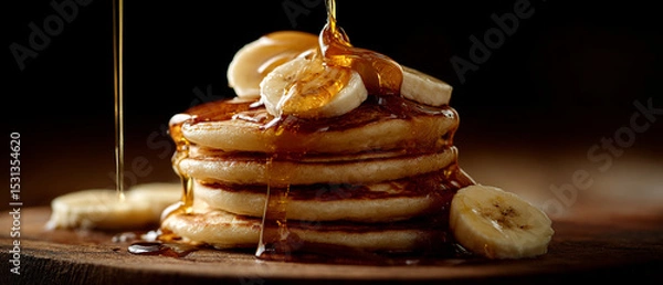Obraz A stack of pancakes topped with banana slices and syrup being poured on them against a dark background