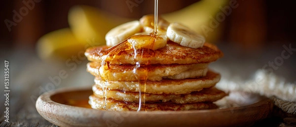 Obraz Stack of pancakes with banana slices and syrup being poured on top on a wooden plate close up view