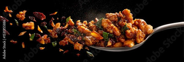 Obraz Close up of kung pao chicken on a spoon with ingredients floating against a black background