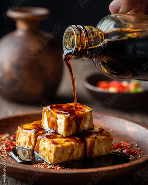 Obraz Pouring sauce over stacked tofu cubes on a wooden plate with spices and a bottle in the background
