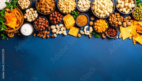 Obraz Assortment of Nuts and Snacks on Blue