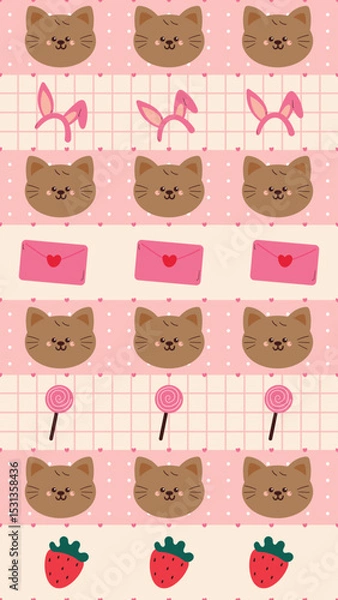 Fototapeta cute drawing cartoon cat and strawberry seamless pattern in stripe pattern design. cute illustration for phone wallpaper and background