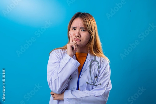 Fototapeta Pensive Asian female doctor in white coat and orange shirt resting chin on hand with thoughtful expression, looking up while standing against bright blue background in studio setting