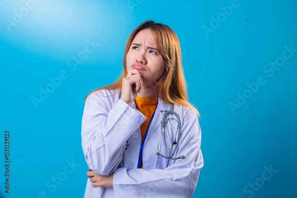 Fototapeta Pensive Asian female doctor in white coat and orange shirt resting chin on hand with thoughtful expression, looking up while standing against bright blue background in studio setting