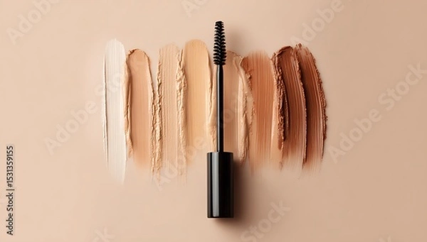 Fototapeta High quality photo of high quality photo of elegant composition of an eye mascara brush and swatches of different shades of beige liquid foundation on a pastel background in a flat.