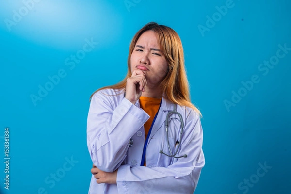 Fototapeta Pensive Asian female doctor in white coat and orange shirt resting chin on hand with thoughtful expression, looking up while standing against bright blue background in studio setting