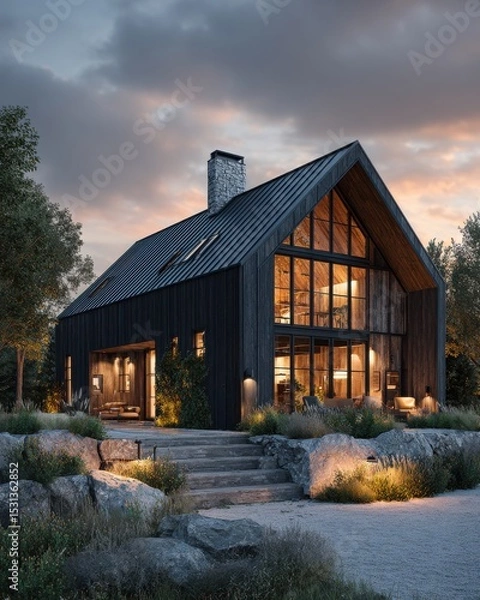 Fototapeta Modern Dark Wood Barn House with Illuminated Windows at Dusk