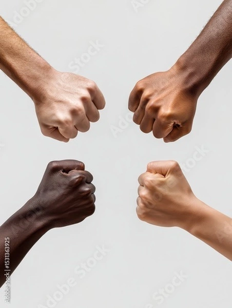 Obraz No to racism. Equality. Clenched fists and thumbs up of people of different skin colors on gray background