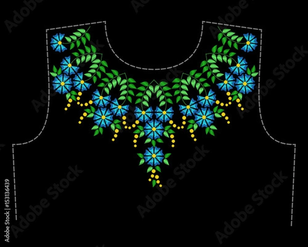 Obraz Stylish, fashionable, bright floral arrangements of summer wild flowers for embroidery textile products. A pattern for decorating the neck of clothing