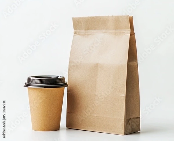 Fototapeta A brown paper lunch bag and a coffee cup on a white surface