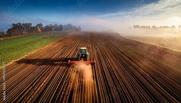 Obraz drone point of view of tractor plowing agricultural field at foggy day