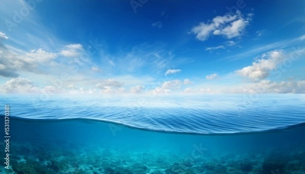 Obraz underwater sea surface and deep blue sea against blue sky and soft clouds summer background