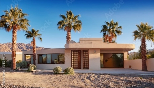 Obraz modern mid century house architecture and palm trees in palm springs california