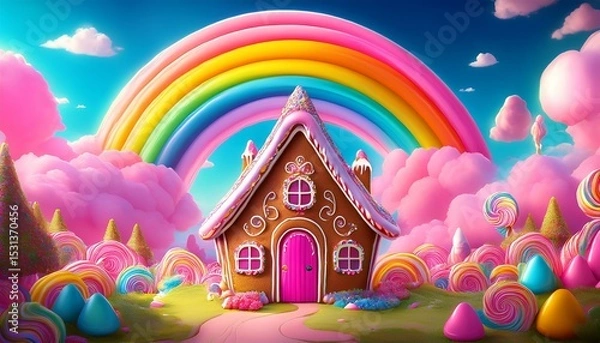 Obraz magical candy land with gingerbread house and colorful rainbows in pink clouds