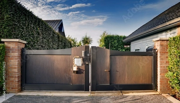 Obraz front gate of property with chain latch and lock on gate