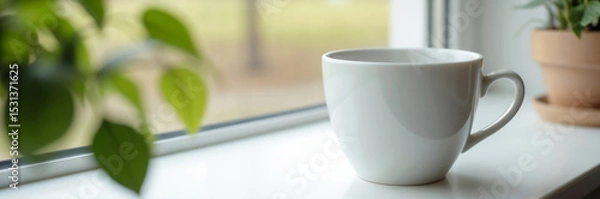 Fototapeta White Coffee Mug on Window Sill with plant in the background with copy space