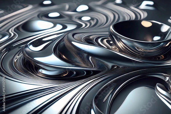 Fototapeta Futuristic 3D liquid metal abstract background with swirls and reflections.
