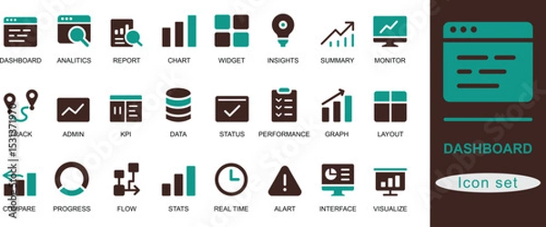 Fototapeta Modern dashboard icon set. Featuring analytics, chart, report, monitor, status, and performance. Ideal for UI, admin panels, apps, and data tools.