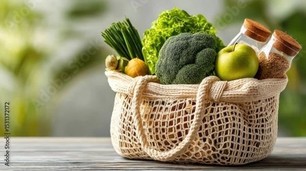 Obraz Eco-friendly Mesh Bag Filled with Fresh Vegetables and Grain Jars on Wood Surface