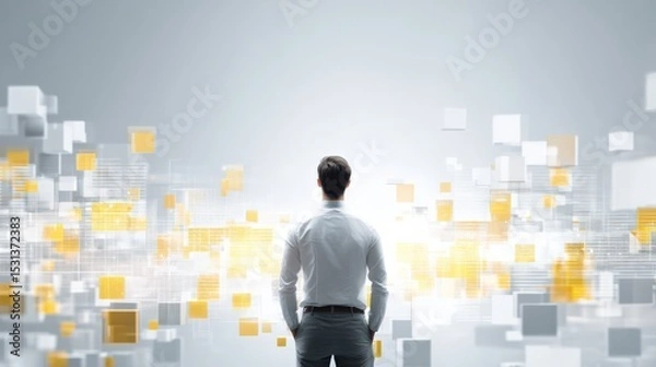 Obraz Businessman Facing Digital Abstract Background of Floating Cubes