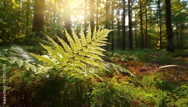 Obraz fern branch brightly lit by sun in forest