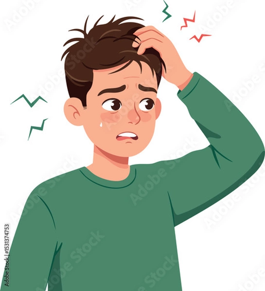 Fototapeta Worried young boy scratching head with confused expression vector illustration 