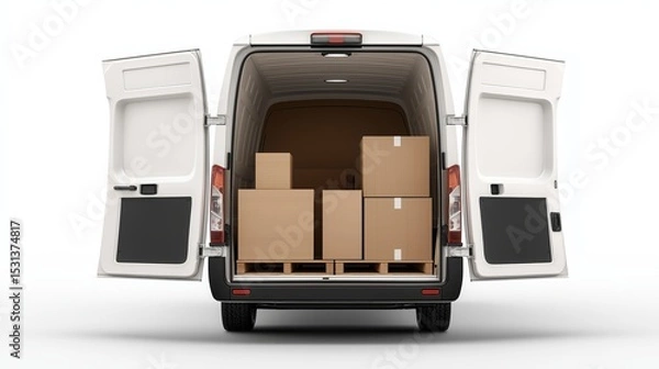 Obraz Delivery van loaded with cardboard boxes, rear doors open. Transportation and moving concept