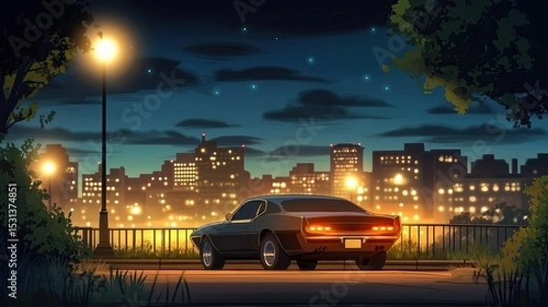 Obraz Retro muscle car parked at night in city with glowing skyline and streetlights