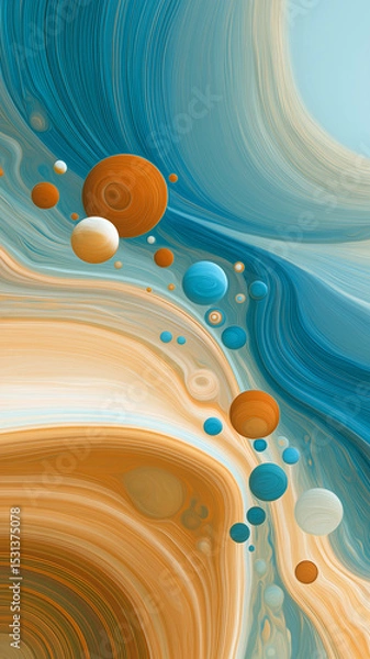 Fototapeta Abstract art design with flowing colors and orbs. Abstract digital artwork featuring swirling patterns in warm colors like orange and beige