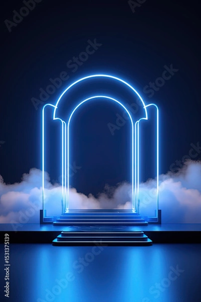 Obraz Neon arch in dark blue lights room with clouds. Abstract background for party stage or product display.