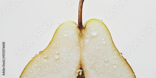 Fototapeta Close-up of half a juicy pear with water droplets showing freshness