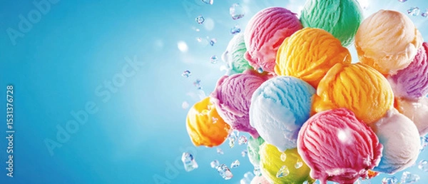 Fototapeta Ice cream scoops exploding on a refreshing blue background