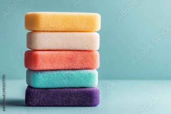 Fototapeta Stack of colorful rectangular sponges against a mint-blue background