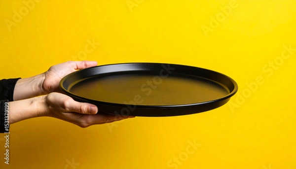 Obraz Two Hands Holding Empty Black Tray