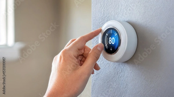Fototapeta Homeowner adjusting thermostat on wall for energy efficiency