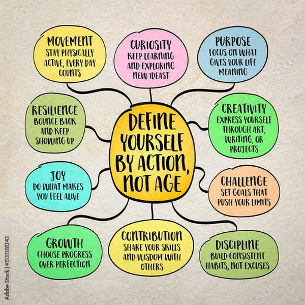 Obraz Define yourself by action, not age - Inspirational infographics mind map sketch.