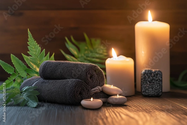 Fototapeta spa candles, towels, wellness and relaxation, nature, dark wood background, warm lighting, soft focus, peaceful, serene