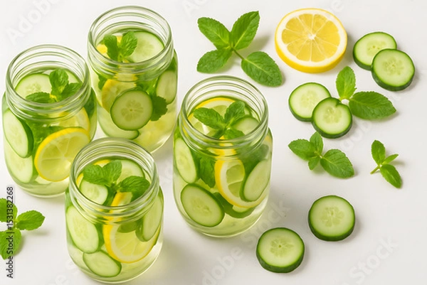 Fototapeta Refreshing Cucumber and Lemon Infused Water in Mason Jars, a Healthy and Hydrating Beverage for Summer