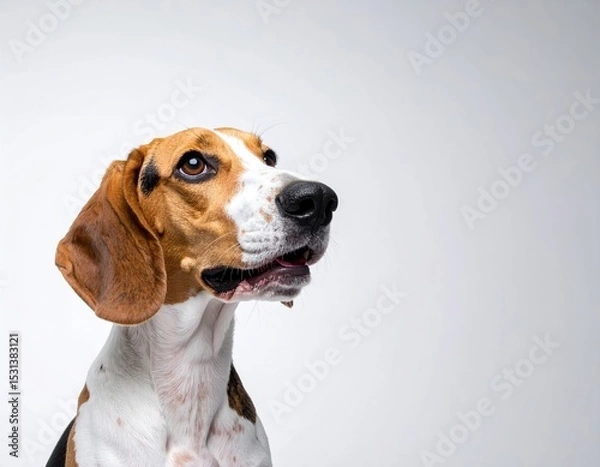 Fototapeta Curious Beagle Dog Looking Up with Soft Expression in Studio Light