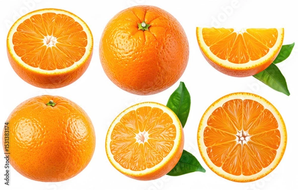 Fototapeta Fresh and Juicy Oranges Whole and Sliced with Green Leaves