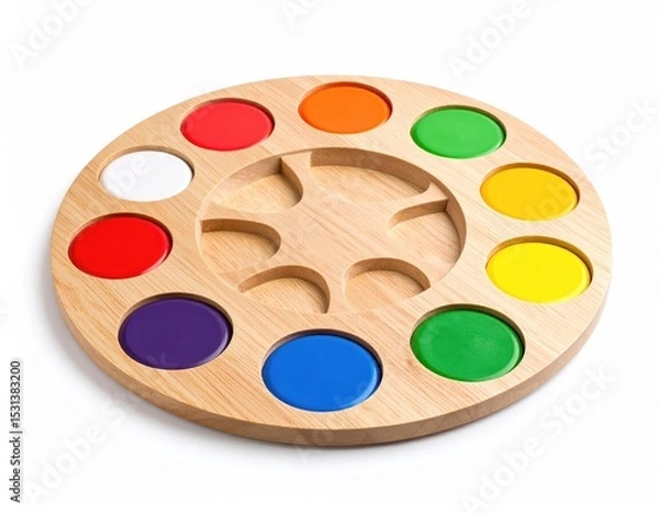 Fototapeta Round Wooden Palette with Bright Paints for Artistic Creations