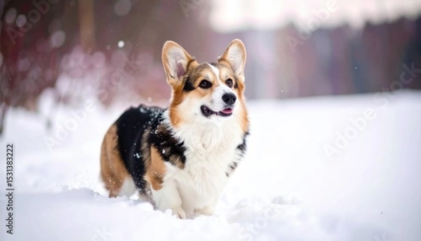 Fototapeta Playful Corgi Dog in Snowy Winter Landscape Running with Joy
