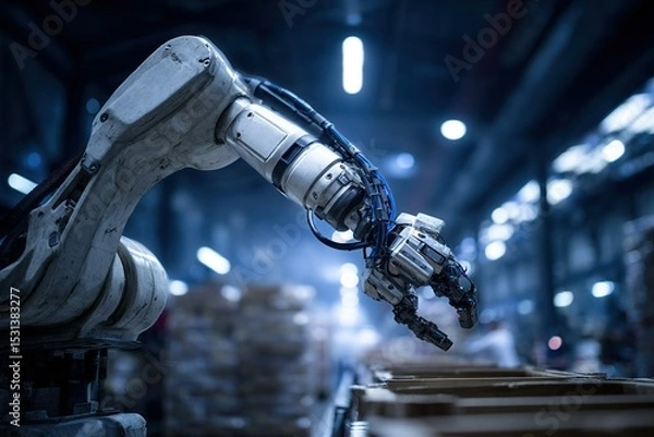 Fototapeta Advanced robotic arm working in industrial warehouse during night shift for efficient automation process